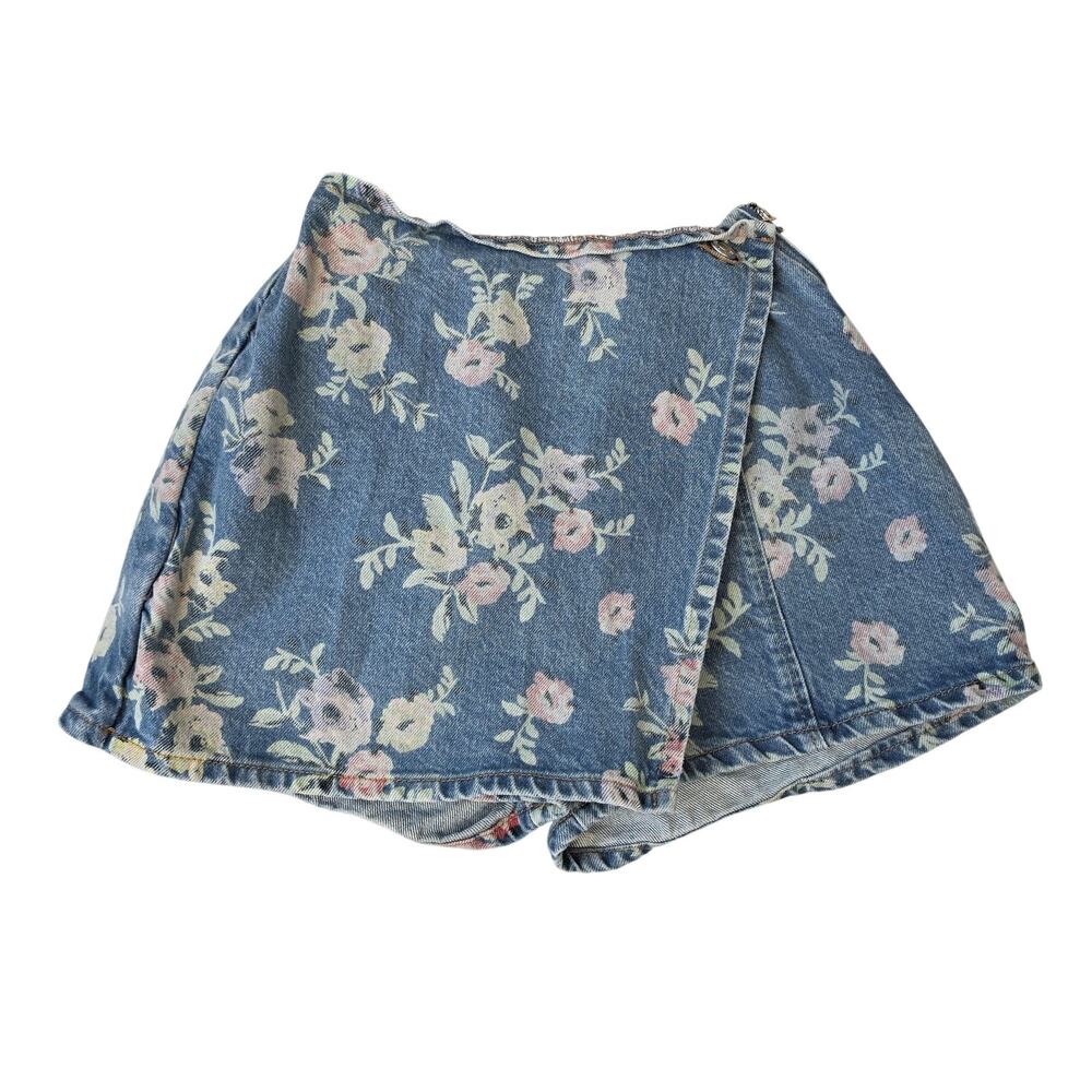 PIRAL Skort Girl Medium Blue Floral Denim Wrap Elastic Waist Summer VTG 90s Boho
